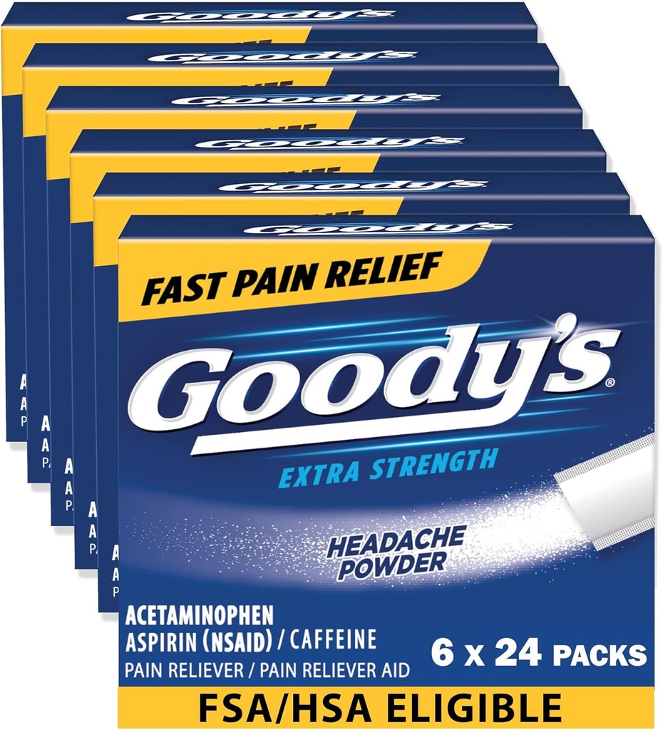 Πονοκέφαλος σκόνης Goody Επιπλέον ανακούφιση του πόνου δύναμη, τριπλή δράση ανακούφιση κεφαλαλγία με ασπιρίνη, ακεταμινοφαίνη & καφεΐνη, 24 Count, πακέτο των 6