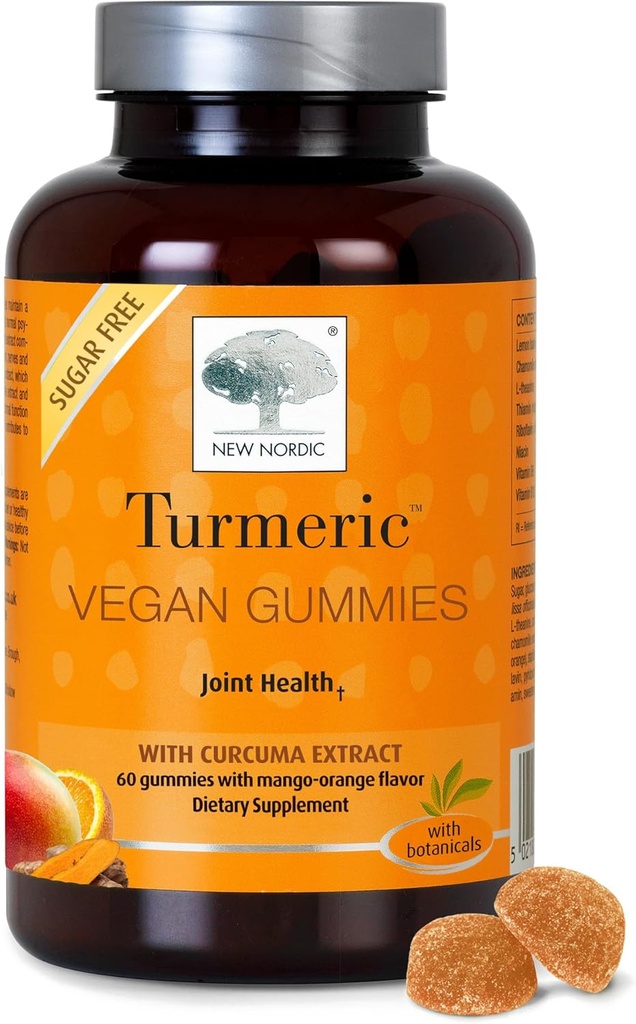 NEW NORDIC Turmeric Curcumin Gummies, Sugar Free, 300 mg Turmeric συμπλήρωμα για άνδρες και γυναίκες, Υποστηρίζει κανονικά τη λειτουργία αρθρώσεις, γόνατα, ώμους, Mango Orange, 60 Count