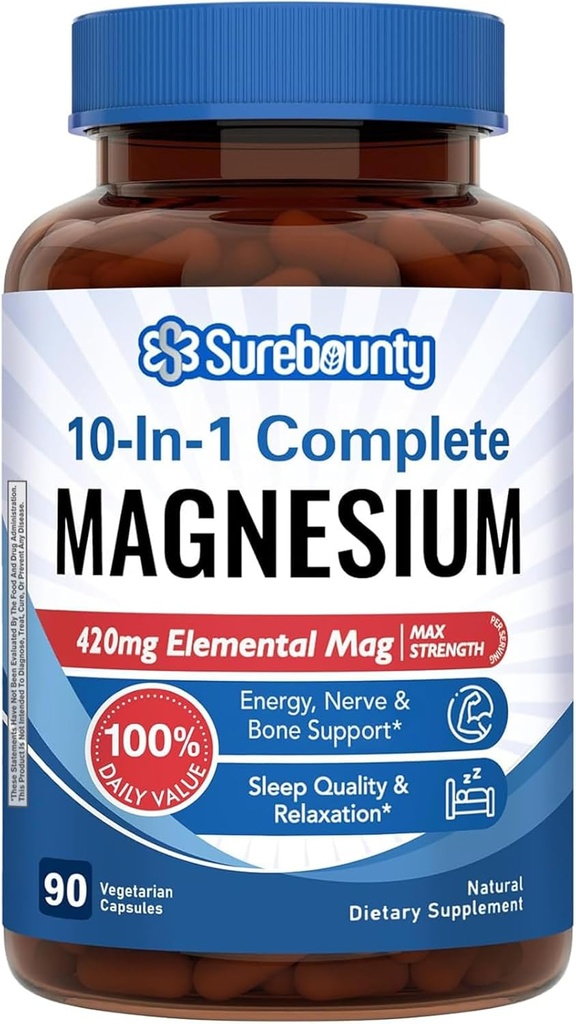Σύμπλεγμα μαγνησίου, 10-σε-1 Formula, 420mg Elemental Mag Per Serving, Μαγνήσιο Γλυκινικό, Μηλεϊνό, Κιτρικό, Υψηλή Απορρόφηση, Οστά & Χαλάρωση, 90 Caps