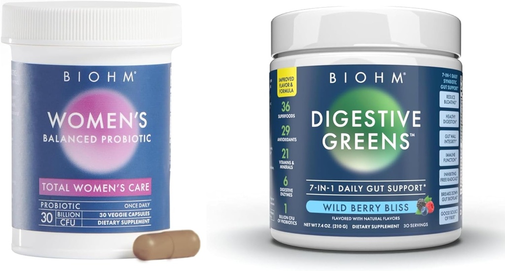 BIOHM Προβιοτικά γυναικών 30B CFU & Super Greens/Kids Berry Blast Bundle: Gut & Συνολική Υποστήριξη Υγείας, 9 Strains, 30-Day Supply, Πλούσια σε Αντιοξειδωτικά