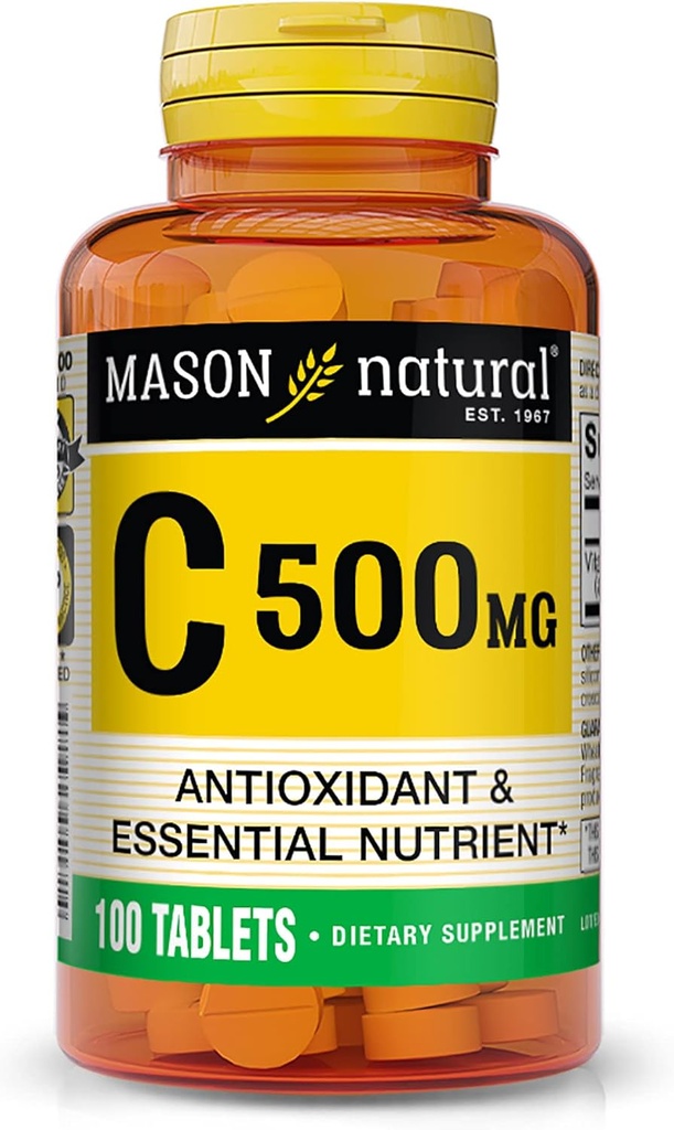 MASON ΦΥΣΙΚΗ Βιταμίνη C 500 mg - Υποστηρίζει Υγιές ανοσοποιητικό σύστημα, Αντιοξειδωτικό και Ουσιαστικό θρεπτικό συστατικό, 100 δισκία