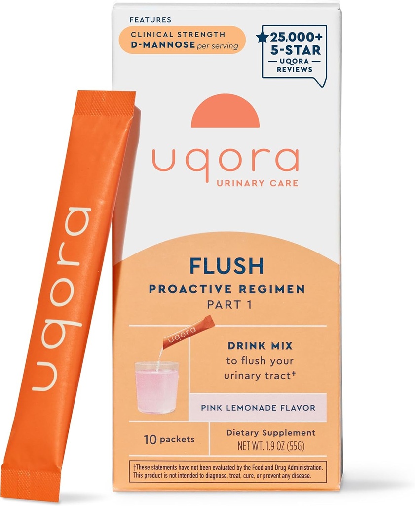 Uqora Flush - Urinary Tract* με D-Mannose, Βιταμίνη C, Βιταμίνη B6, Κάλιο, Μαγνήσιο & Ασβέστιο - Χωρίς γλουτένη & Vegan - Pink Λεμονάδα Γεύση - 10 Πακέτα (1 Συσκευασία)