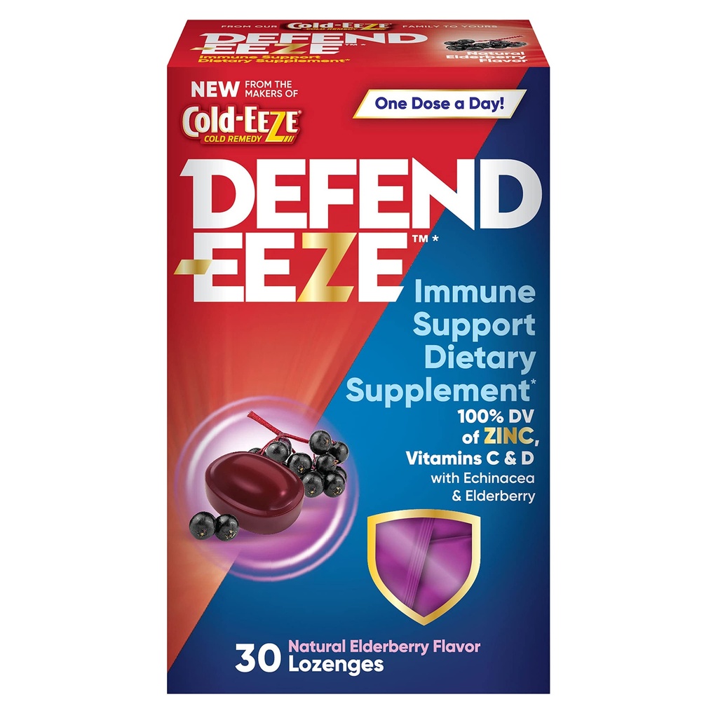 Defense-EEEZE συμπλήρωμα διατροφής διατροφής Lozenges, 100% Ημερήσια αξία του ψευδαργύρου, βιταμίνες C & D ανά δόση, με Echinacea & Elderberry, Elderberry Flavor, 30 Lozenges