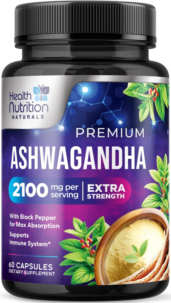Ashwagandha Συμπληρώματα - 2100mg Ashwagandha κάψουλα για γυναίκες & άνδρες, φυσική αντιοξειδωτική υποστήριξη, εκχύλισμα ρίζας Ashwa, επιπλέον δύναμη ήρεμη υποστήριξη με μαύρο πιπέρι, Vegan & χωρίς γλουτένη - 60 κάψουλες