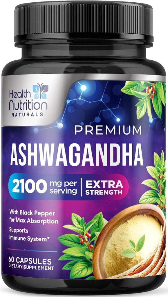 Ashwagandha Συμπληρώματα - 2100mg Ashwagandha κάψουλα για γυναίκες & άνδρες, φυσική αντιοξειδωτική υποστήριξη, εκχύλισμα ρίζας Ashwa, επιπλέον δύναμη ήρεμη υποστήριξη με μαύρο πιπέρι, Vegan & χωρίς γλουτένη - 60 κάψουλες