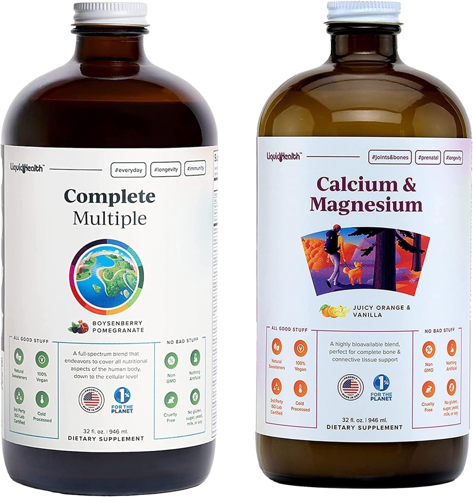 LIQUIDHEALTH Complete Multivitamin & Calcium and Magnesium Liquid Vitamin Bundle for Adults - Whole Body Health, Immune System, Bone & Joint Support - Whole Foods, Vegan, Non-GMO, USA Made