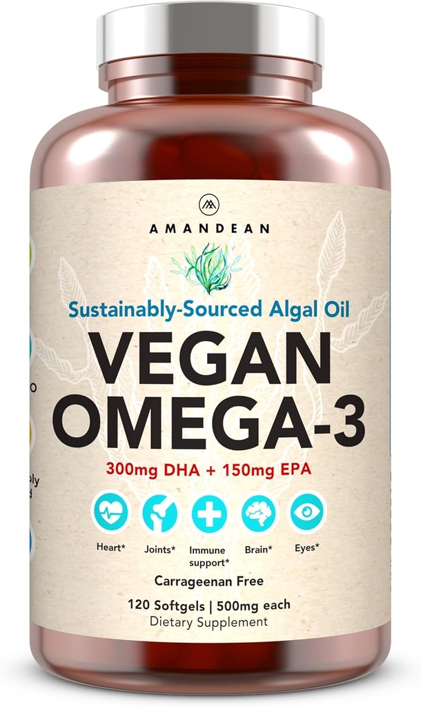 AMANDEAN Vegan Omega 3 συμπλήρωμα. Premium Fish Oil Εναλλακτική. Άλγα DHA & EPA. Carragenan Free Softgels (στα Αγγλικά). Άλγαλα απαραίτητα λιπαρά οξέα. Καρδιά με βάση το φυτό, εγκέφαλο, μάτι, δέρμα, ανοσοποιητική υποστήριξη. 120ct)
