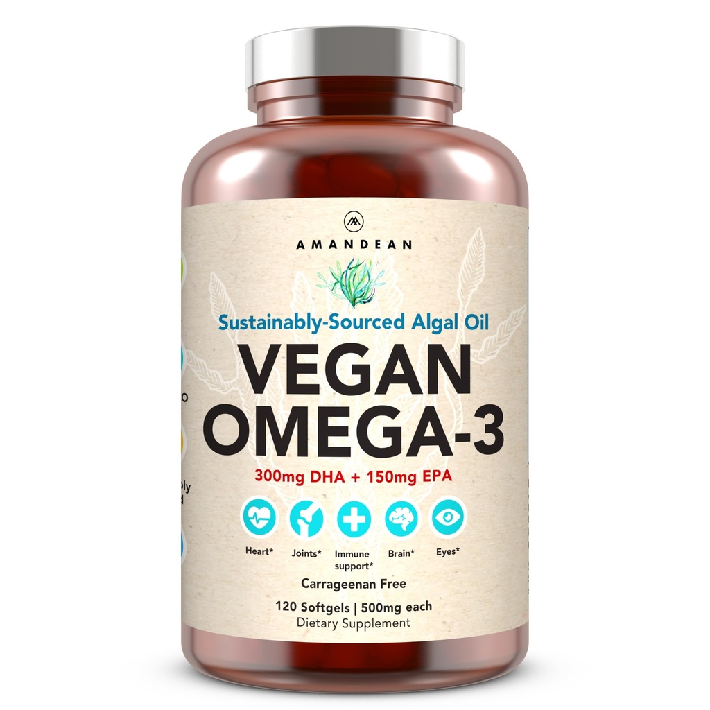 AMANDEAN Vegan Omega 3 συμπλήρωμα. Premium Fish Oil Εναλλακτική. Άλγα DHA & EPA. Carragenan Free Softgels (στα Αγγλικά). Άλγαλα απαραίτητα λιπαρά οξέα. Καρδιά με βάση το φυτό, εγκέφαλο, μάτι, δέρμα, ανοσοποιητική υποστήριξη. 120ct)