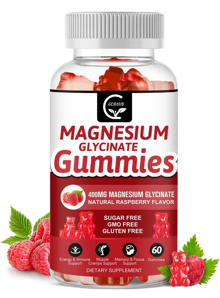 Glycinate Gummies μαγνήσιο 400mg, Mg συμπλήρωμα καλίου με Χηλικό σύμπλεγμα μαγνησίου, βιταμίνη D, B6, και CoQ10, Υποστηρίζει τη μνήμη, ηρεμία, διάθεση & ύπνος - 60 Count (πακέτο του 1)