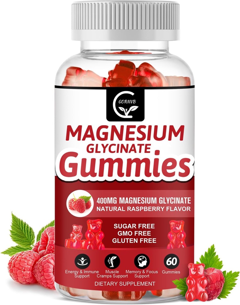 Glycinate Gummies μαγνήσιο 400mg, Mg συμπλήρωμα καλίου με Χηλικό σύμπλεγμα μαγνησίου, βιταμίνη D, B6, και CoQ10, Υποστηρίζει τη μνήμη, ηρεμία, διάθεση & ύπνος - 60 Count (πακέτο του 1)