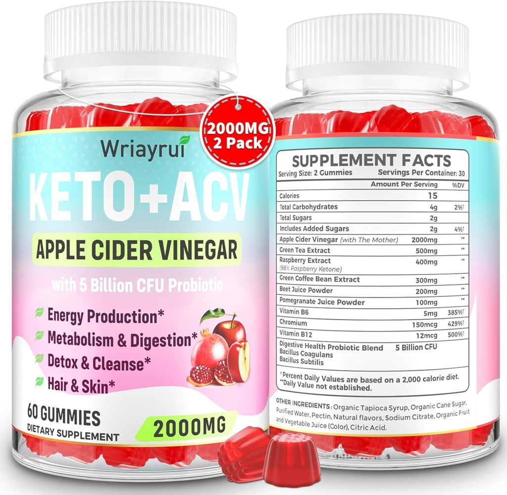 Keto ACV Gummies με προβιοτικά & βιταμίνη B12, 2000mg μηλίτη μηλίτη ξύσμα με τη μητέρα, για μεταβολισμό, πέψη, Detox & καθαρισμού, ζάχαρη δωρεάν, Vegan-Friendly, 120 Gummies