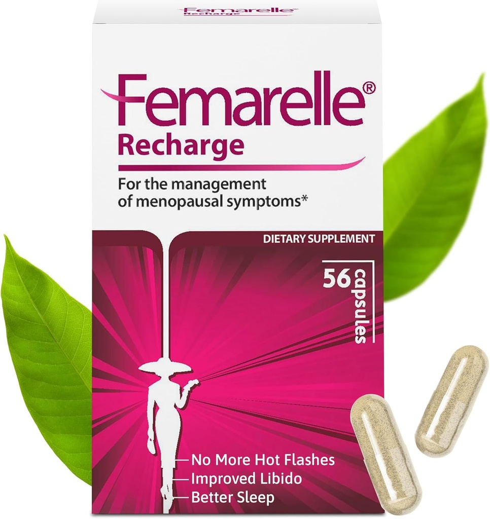 Femarelle® Recharge – Συμπλήρωμα εμμηνόπαυσης για γυναίκες - Κλινικά Αποδεδειγμένη Εμμηνόπαυση Ανακούφιση - Hot Flashs, Night Sweats, Sleep & Libido Support Μέσα σε 1ο Μήνα, Χωρίς Γλουτένη, Χωρίς ΓΤΟ & Ορμονή