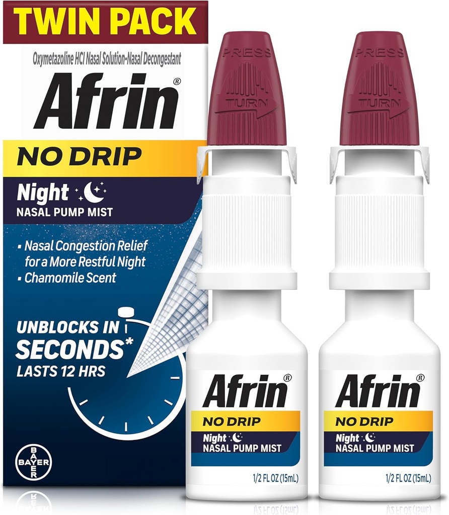 AFRIN No Drip Night Nasal Mist Twin Pack, Non-Drowsy, Fast-Acting Decongestant for Restful Sleep with Chamomile Scent, Adults and Children 6 and older, .5 fl oz (Pack of 2)
