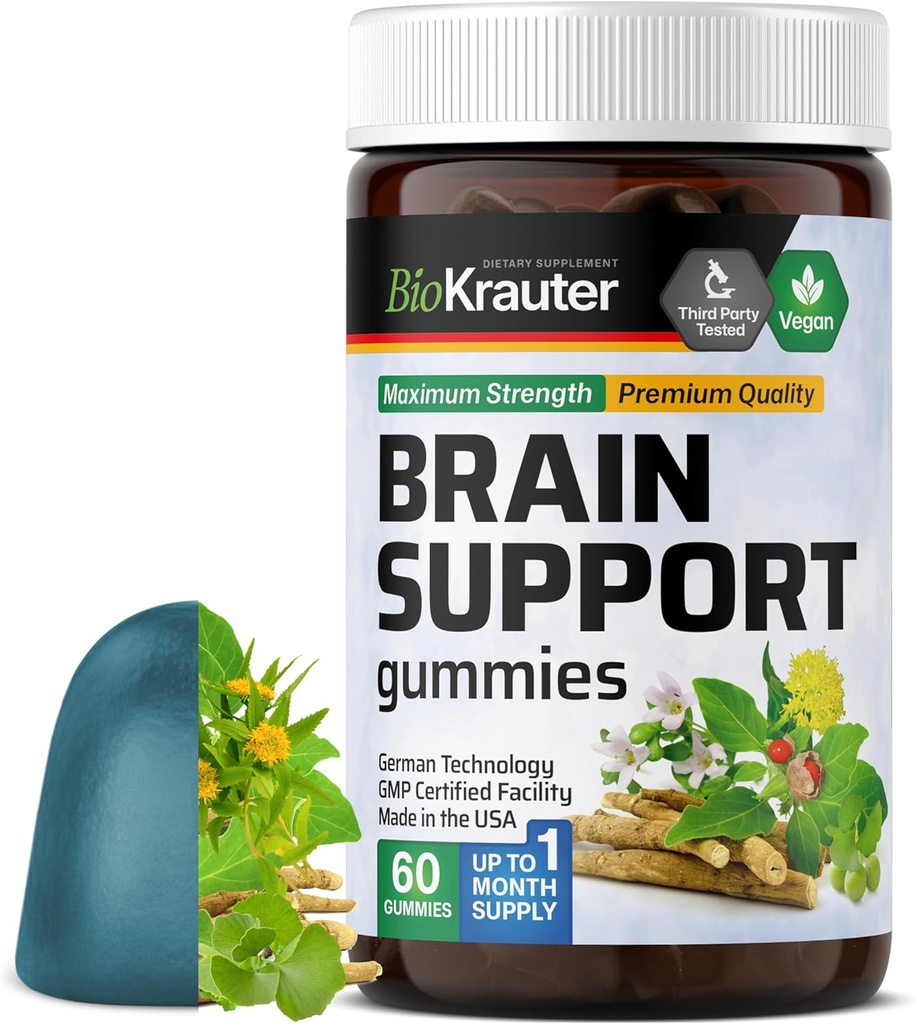 BIO KRAUTER Brain Support Gummies - 60 Vegan Chews - Φυσικό συμπλήρωμα εγκεφάλου - Ashwagandha, Ginkgo Biloba, Bacopa, DMAE, και βιταμίνες για Γνωστική Υποστήριξη