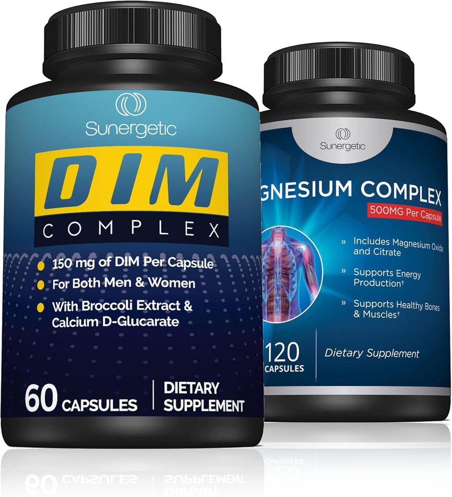 Sunergetic DIM Complex Plus Magnesium Complex - Υποστηρίζει υγιή οστά, μύες & δόντια, υγιή ισορροπία & χαλάρωση - DIM Complex 60 ct - Μαγνήσιο Complex 120 ct