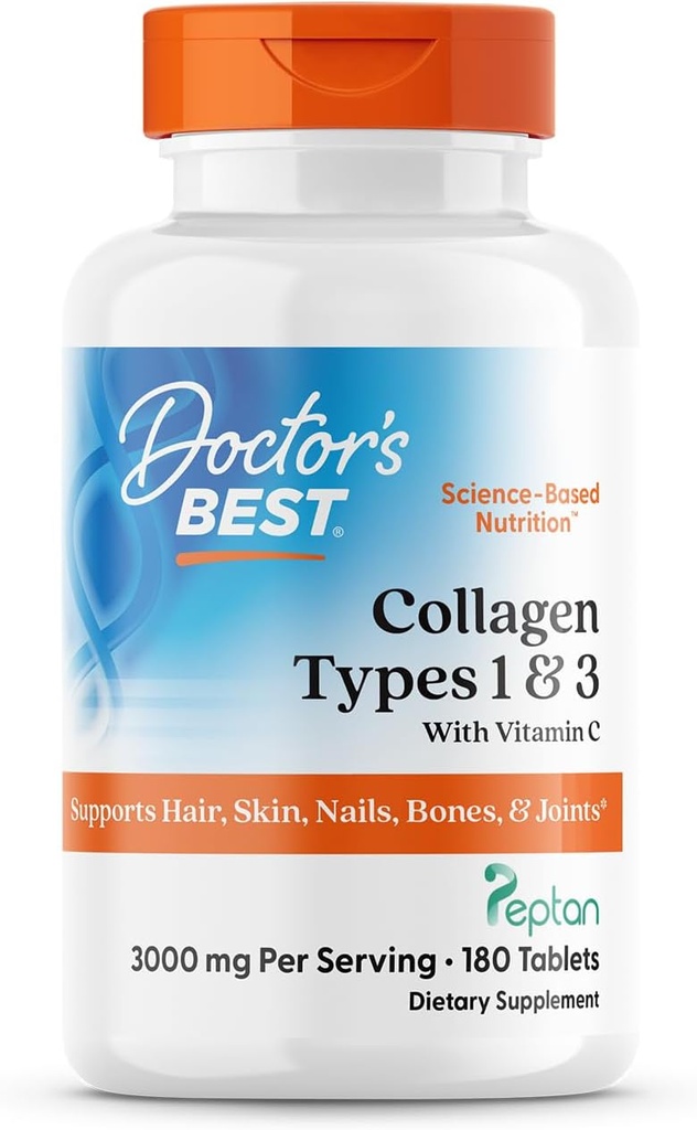 Doctor's Best Collagen Types 1 & 3 with Peptan, Non-GMO, Gluten Free, Soy Free, Supports Hair, Skin, Nails, Tendons & Bones, 1000 mg, 180 Tablets
