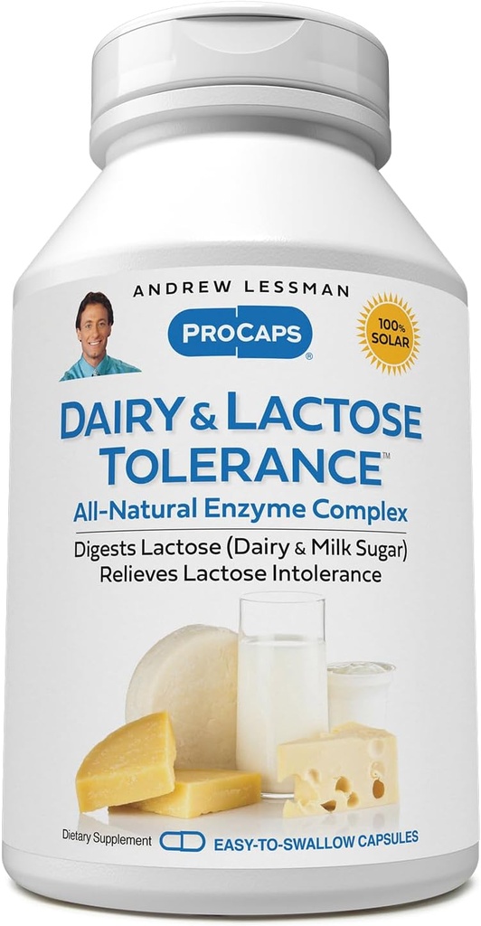 ANDREW LESSMAN Dairy and Lactose Tolerance 240 Capsules - Enhances Natural Digestion of Dairy and Lactose. Mild, Powerful, All-Natural Enzymes Help Avoid GI Discomforts in Digestion. No Additives