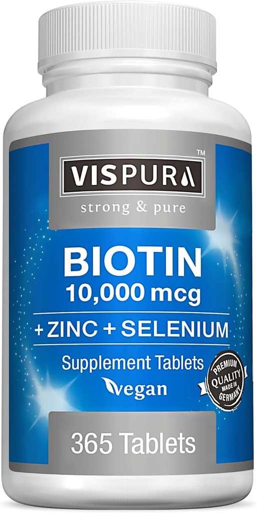 Biotin 10000 mcg + ψευδάργυρος + σελήνιο, καθαρό, Vegan & Extra Strong, καλύτερο συμπλήρωμα για την ανάπτυξη των μαλλιών, λαμπερό δέρμα, ισχυρά νύχια*, 365 δισκία για 12 μήνες, φυσικό χωρίς πρόσθετα