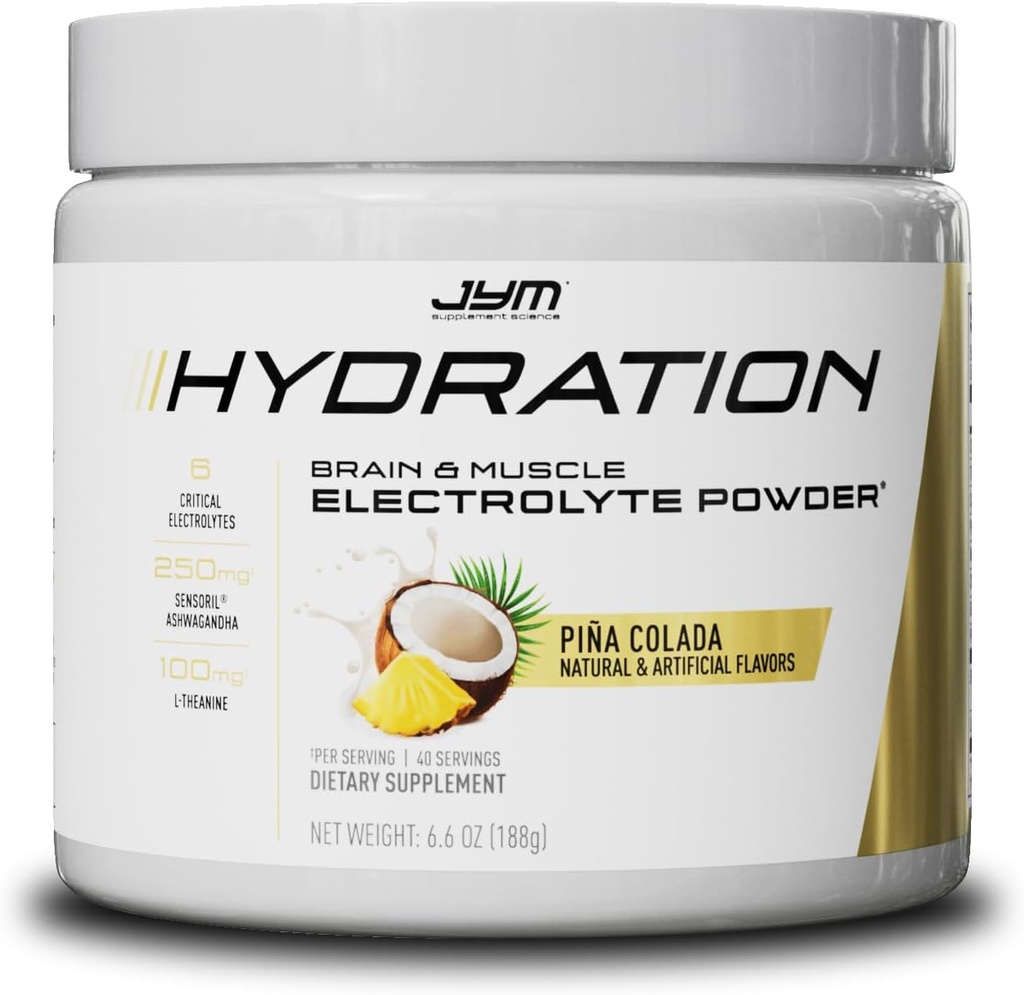 JYM Hydration Pina Colada Σκόνη, Ηλεκτρόλυτα Απόδοσης, Κάλιο, Νάτριο, Μαγνήσιο, για Άνδρες & Γυναίκες, Θεανίνη, Ashwaghanda, Theanine, 40 Μερίδες