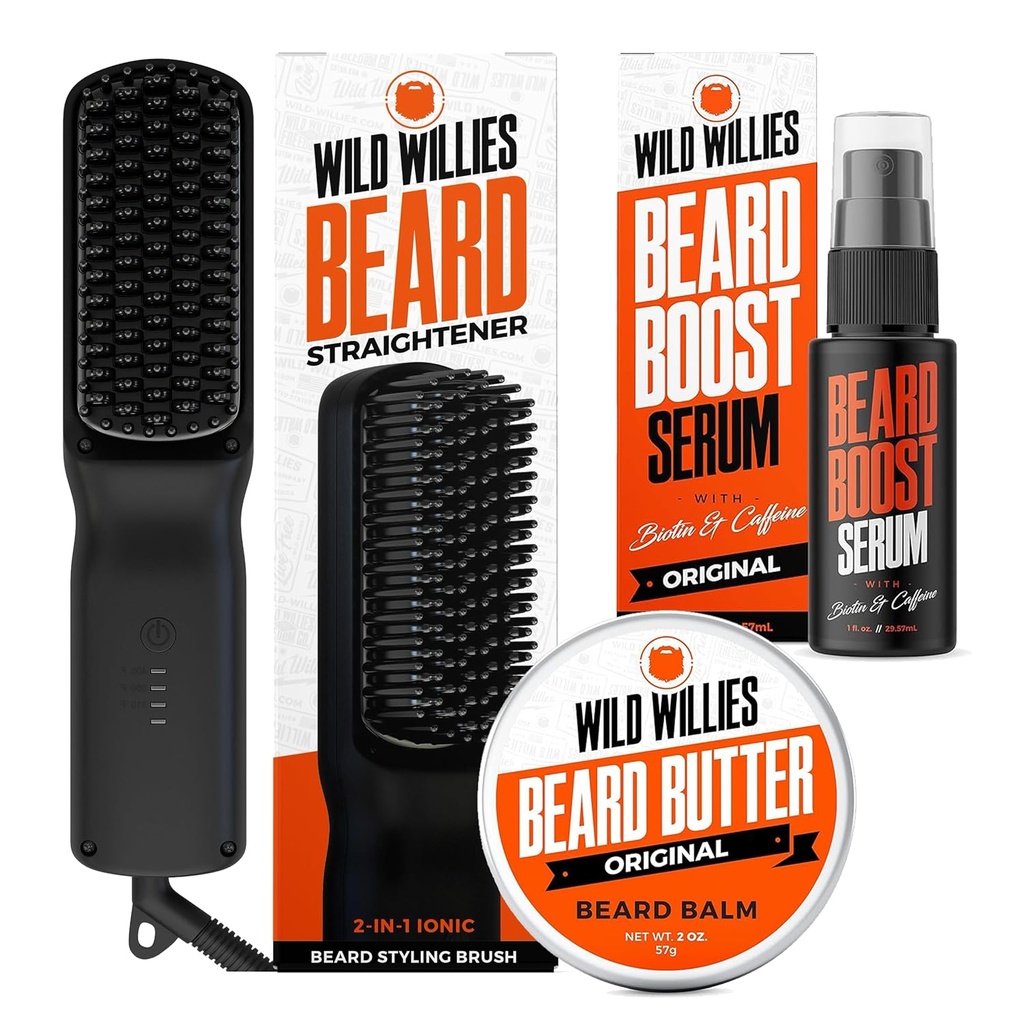 Wild Willies Beard Care Kit: Θερμαινόμενος γενεαλογικός ίσιωμα για τους άνδρες, γεννητικό βούτυρο, & γενεαλογικό ορό ανάπτυξης - Ultimate Grooming Tool Set, Beard Balm, Hydrating Serum, Hot Comb Beard Brush for Daily Use