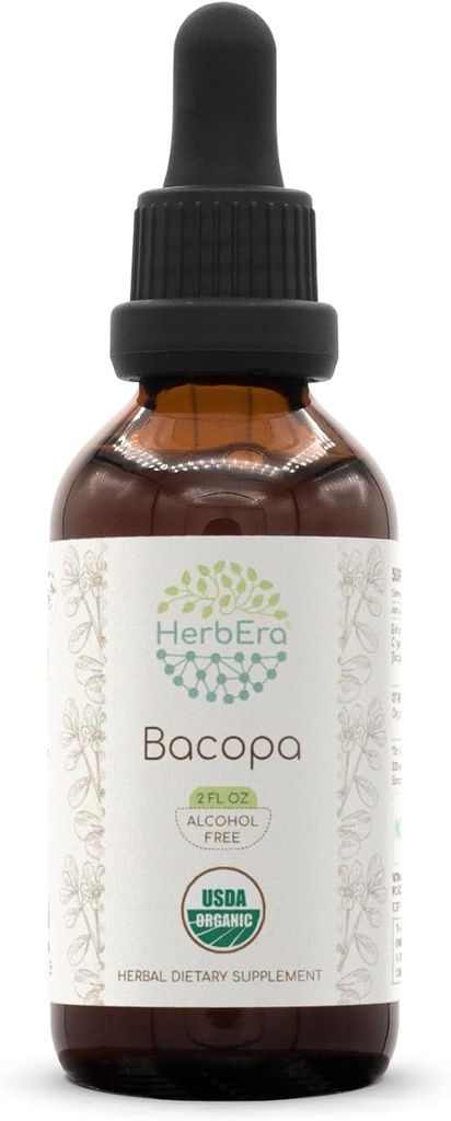 HerbEra Bakopa B60 USDA Βιολογικό εκχύλισμα Βάμμα Χωρίς Αλκοόλ, Βότανο υψηλής ισχύος, Χαλάρωση, Θετική Γνωστική Επίδραση Πιστοποιημένο Βιολογικό Bacopa (Bacopa Monnieri) Αποξηραμένο Βότανο (2 fl oz)