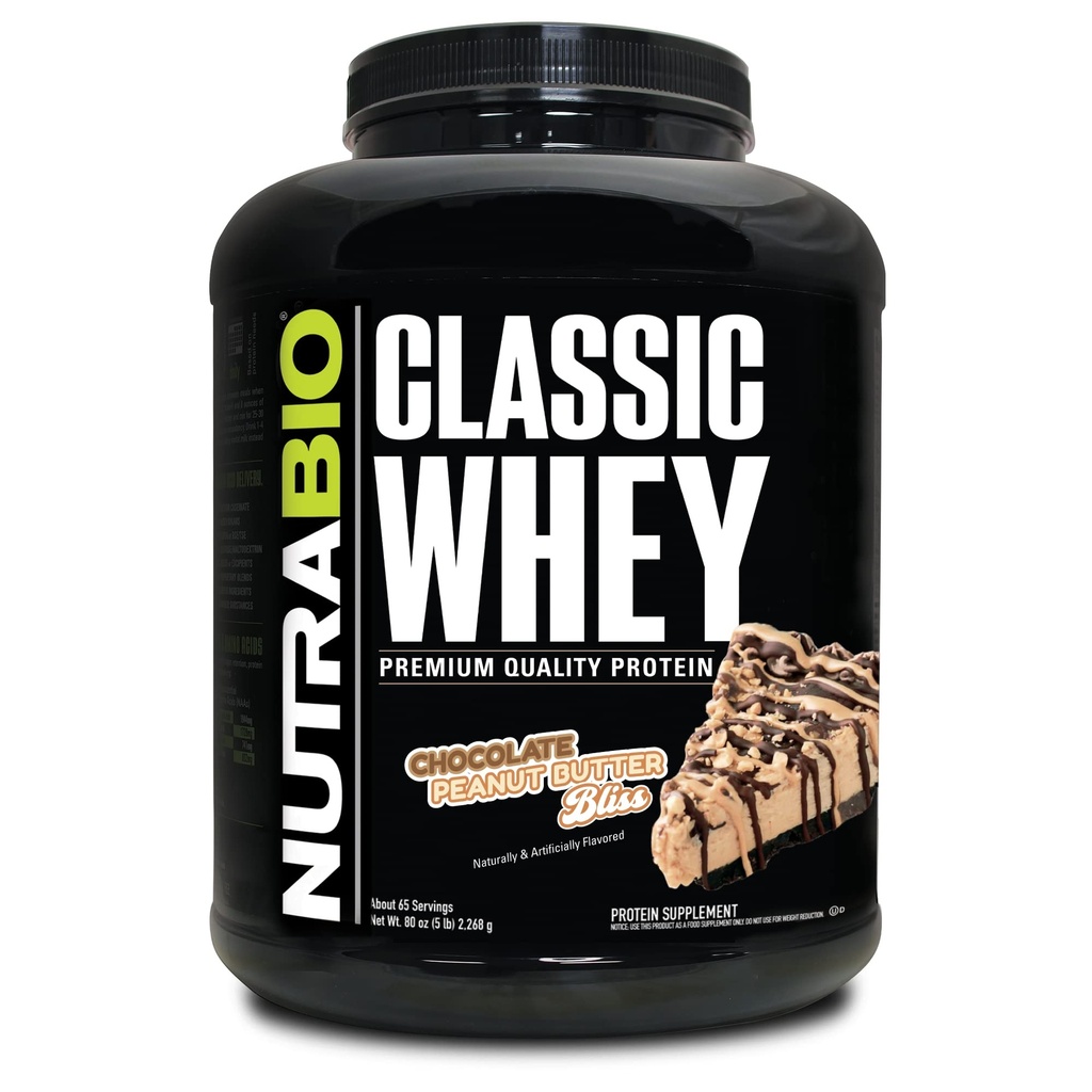 NutraBio Classic Whey Protein Powder- 25G Protein Per Scoop -No Fillers, Τεχνητά Χρώματα, Συντηρητικά - Χαμηλός Γλυκαιμικός Δείκτης - (Σοκολικό Φυστικοβούτυρο, 5 Λίρες)