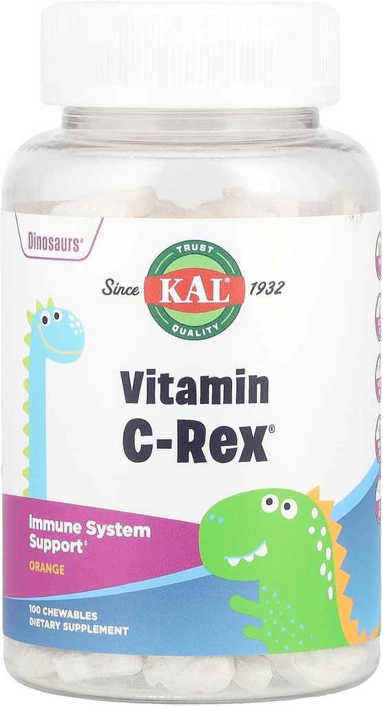 KAL C- Rex Μασώμενη Βιταμίνη C για παιδιά, Συμπλήρωμα Ανοσολογικής Υποστήριξης με Bioflavonoids από Rose HIPS, Rutin & Acerola, Νόστιμο Πορτοκάλι, Φρουκτόζη Χωρίς, Μασώμενα Δισκία