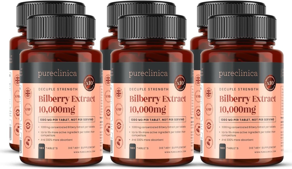 Pureclinica Bilberry Extract 10. 000mg x 1080 δισκία (6 φιάλες των 180) - 10 X Περισσότερες ανθοκυανιδίνες