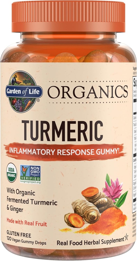 Garden of Life Organics Turmeric Φλεγμονώδης Ανταπόκριση Gummy - 120 Real Fruit Gummies for Kids & Adults, 50Mg Κουρκουμίνη (95% Curcuminoids), Όχι Προστιθέμενη Ζάχαρη, Οργανική, Μη ΓΤΟ, Vegan & Gluten Free
