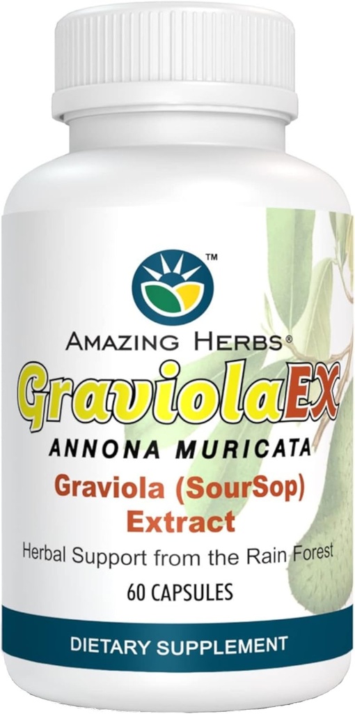 Amazing Herbs GraviolaEX Anona Muricata - 100% Pure Graviola (Soursop) εκχύλισμα, Φυσική υγεία από το Βροχερό Δάσος, βοτανικό συμπλήρωμα διατροφής - 60 Count (Pack of 1)