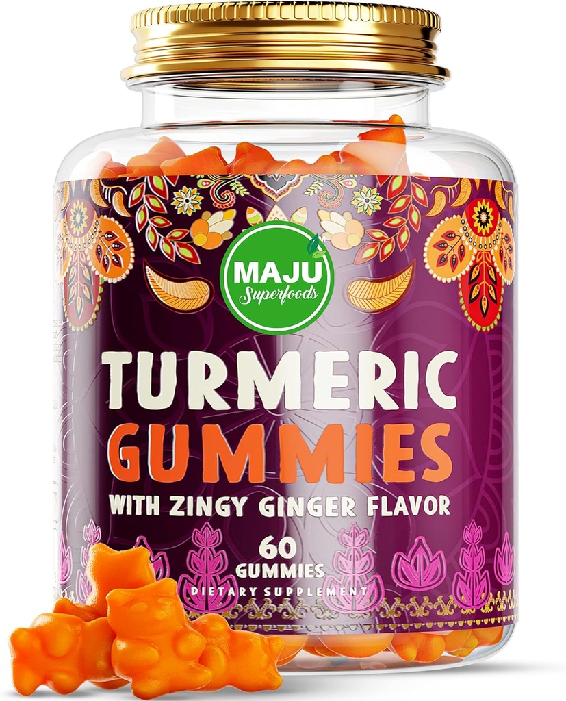 Maju Superfoods Turmeric Curcumin Gummies 60ct, Zingy Ginger Γεύση, Black Pepper Extract για ενισχυμένη απορρόφηση και δύναμη, Turmeric Gummies για ενήλικες και παιδιά
