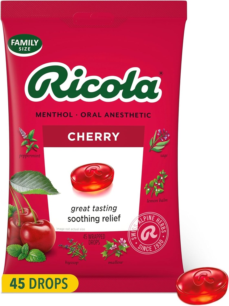 Ricola Cherry Lroat Drops, 45 Count, Daily Drops for Delicious Lroat Refreshment, στοματικό αναισθητικό, φυσικά αρωματικό