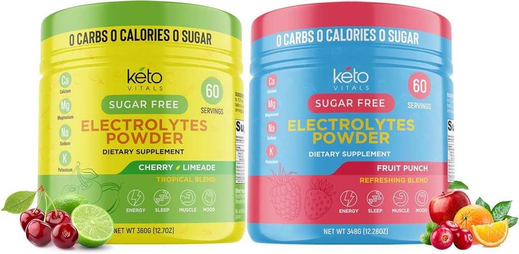 Keto Vitals Cherry Limeade Bundle with Fruit Punch - 2 Pack Bundle Keto Electrolytes Powder - Κετο-Φιλικοί ηλεκτρολύτες με Κάλιο, Μαγνήσιο, Νάτριο, Ασβέστιο - Cherry Limeade & Fruit Punch