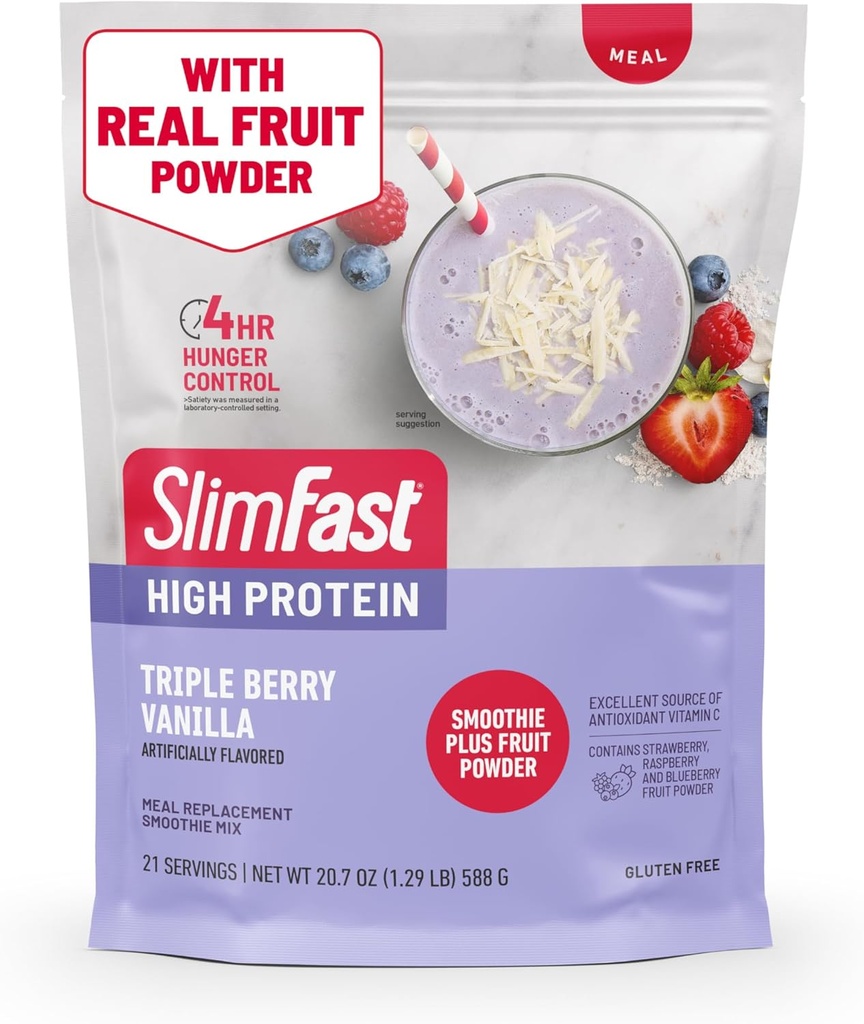 SlimFast High Protein Smoothie Mix Plus Fruit Powder, High Protein Meal Replacement Powder, Fiber, Vitamin C, 21 Servings, 1.29 Pounds, Triple Berry Vanilla (Packaging May Vary)