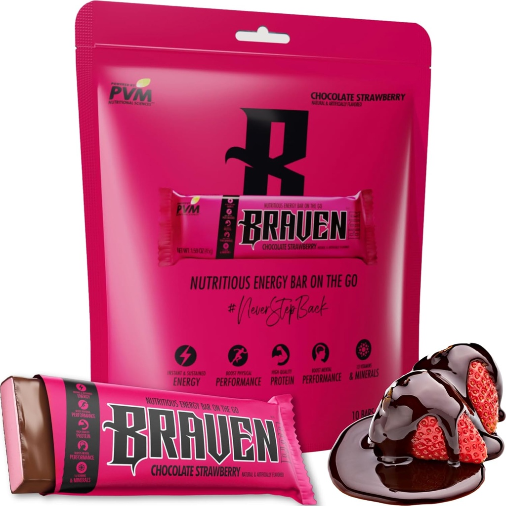 Braven Bar Chocolate Strawberry Energy Bars (1.59 oz, Pack of 10) – Energy Chews with 5g Protein – On-the-Go Energy Snacks for Running, Hiking, and Sports - Gluten Free Snacks for Sustained Energy Boost