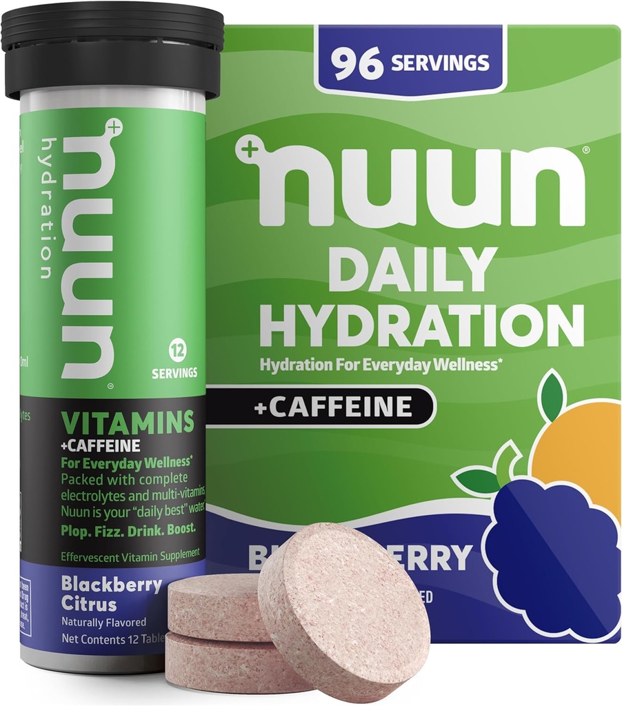 Nuun Vitamins + Caffeine Electrolyte Tablets με Βιταμίνη D, C, E, A, & B6, Φολικό οξύ, Μαγνήσιο & 4 Άλλα Απαραίτητα Ηλεκτρόλυτα, Χωρίς Γλουτένη & Vegan, Εσπεριδοειδή Blackberry, 8 Pack (96 Μερίδες Σύνολο)