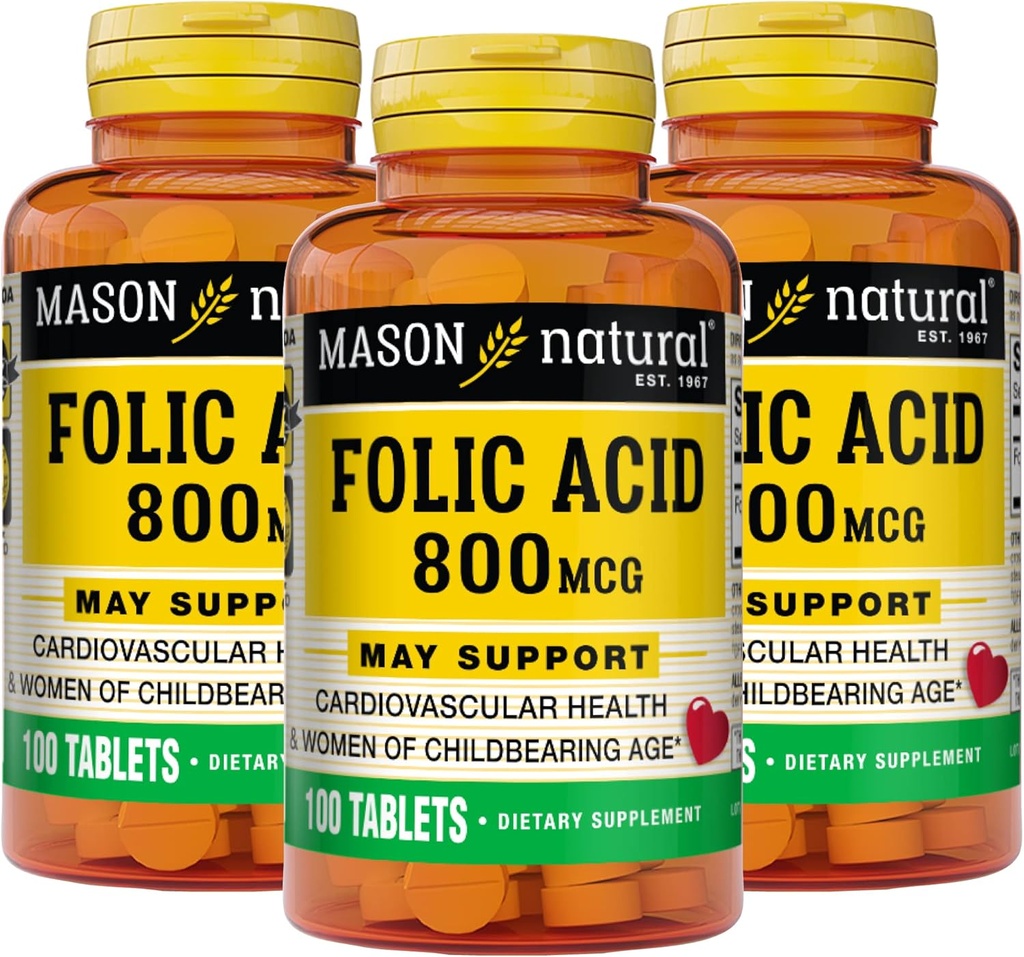 MASON NATURAL Folic Acid 800 mcg - Βοηθά τη λειτουργία του νευρικού συστήματος, ημερήσιο συμπλήρωμα για την υγεία, διάθεση και προγεννητική φροντίδα, για γυναίκες σε αναπαραγωγική ηλικία, 100 δισκία (πακέτο των 3)