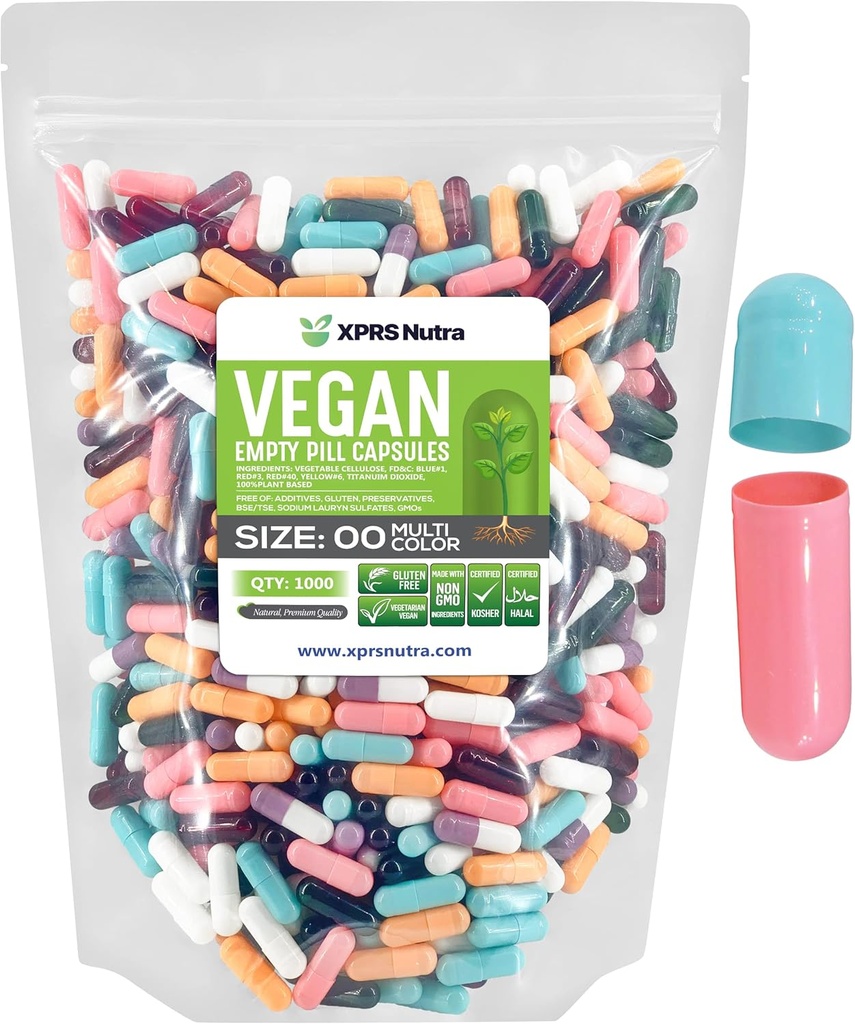 XPRS Nutra Μέγεθος 00 Κενές κάψουλες - 1000 Κάψουλες Vegan - Χορτοφαγικά Άδεια Χάπια - DIY Καψάκιο Φυτικών Γέμισμα- Καπάκια Χάπια Veggie (Πολλό Χρώμα)