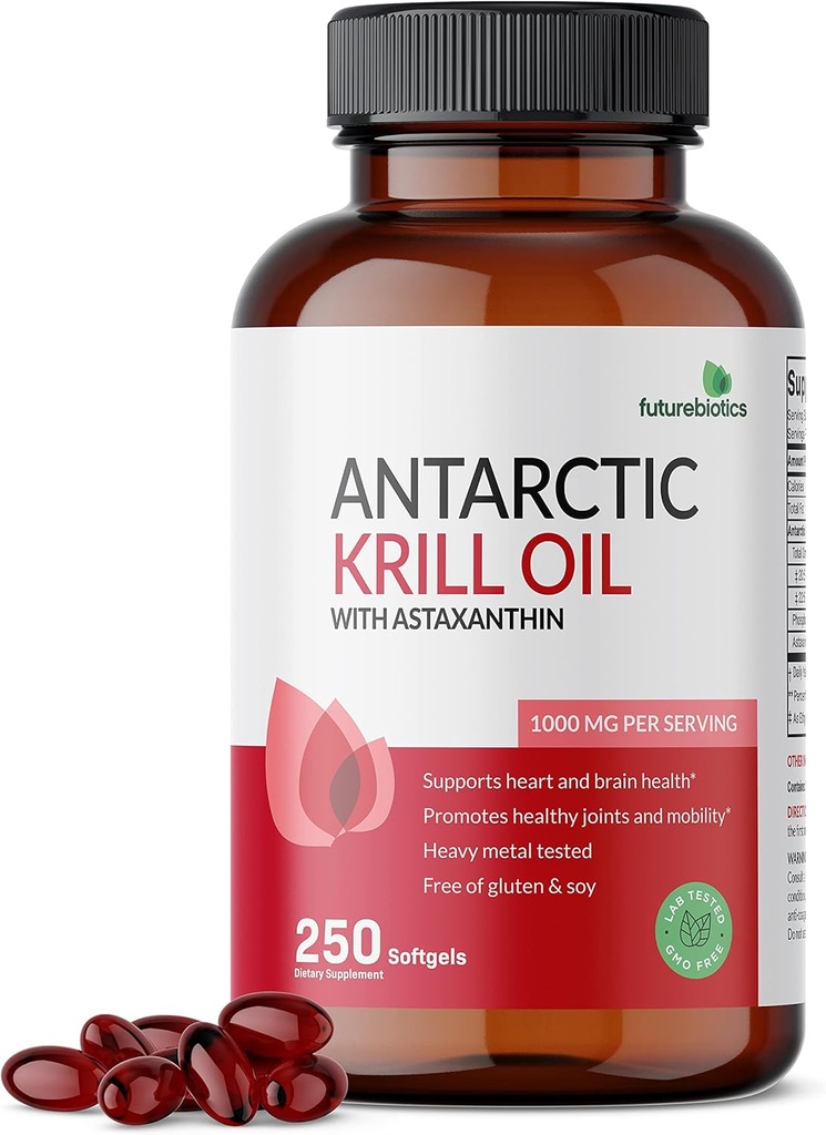 Futurebiotics Antarctic Krill Oil 1000mg με Omega-3s EPA, DHA, Ασταξανθίνη και φωσφολιπίδια - 100% Pure Premium Krill Oil Heavy Metal Tested, Non GMO – 250 Softgels (125 Servings)