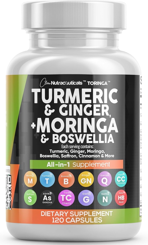 Clean Nutraceuticals Turmeric Moringa Supplement | Ginger Boswellia Saffron - Supplement for Women and Men with Ceylon Cinnamon, Tart Cherry, Quercetin Garlic Nettle Holy Basil - 1Pack