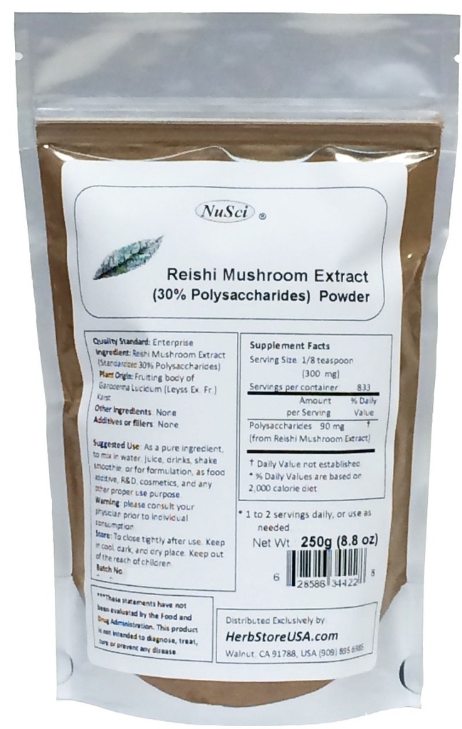 Reishi Mushroom Extract Σκόνη Τυποποιημένη 30% Πολυσακχαρίτες 250 γραμμάρια (8,8 oz)