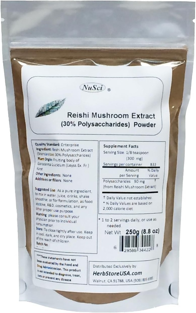 Reishi Mushroom Extract Σκόνη Τυποποιημένη 30% Πολυσακχαρίτες 250 γραμμάρια (8,8 oz)