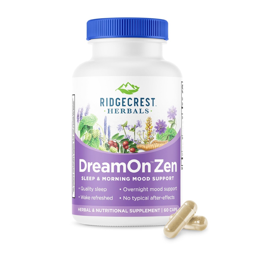 Ridgecrest Herbals DreamOn Zen, συμπλήρωμα υποστήριξης ύπνου, Melatonin Free, Μαγνήσιο, 5-HTP, Λεβάντα, Χαμομήλι, Βαλεριάνα, Λέμον Μπαλμ για Ενήλικες και Παιδιά 12+ (60 Caps, 30 Serv)