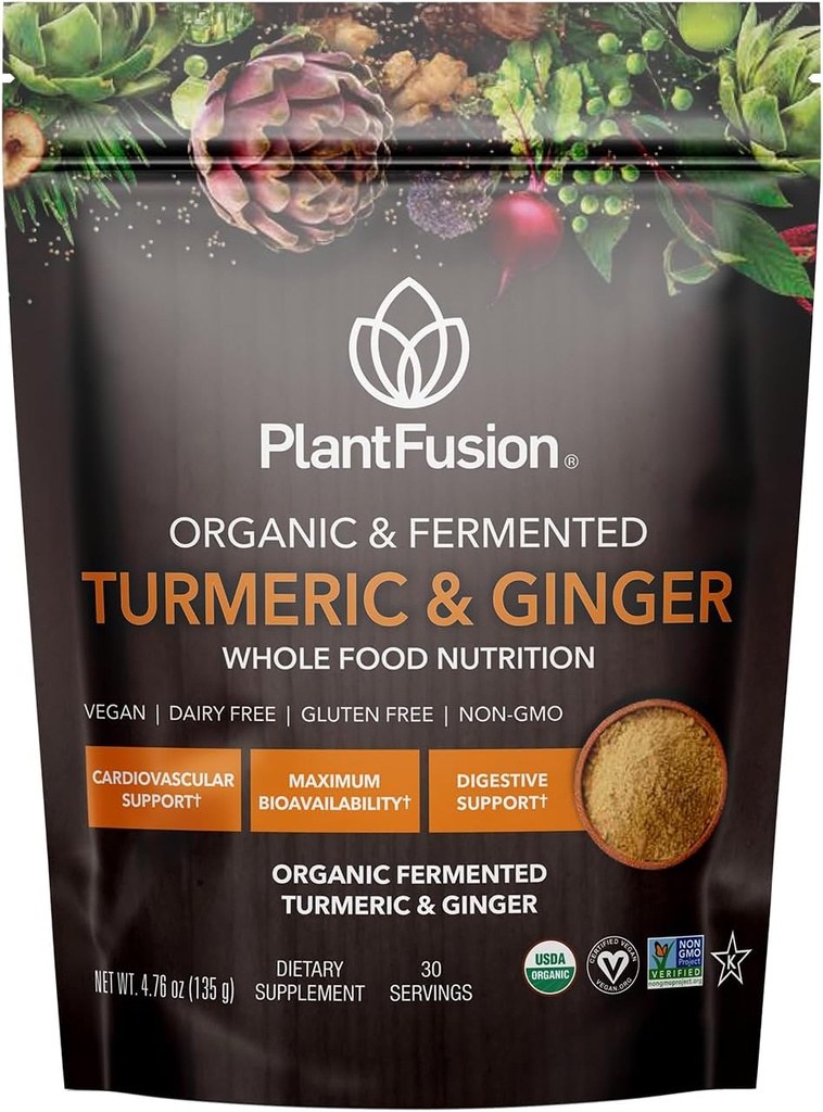 PlantFusion Turmeric and Ginger Drink Mix - Fermented Full Food Nutrition, Herbal Supplement Powder with Curcuminoids - USDA Certified Organic, Non-GMO, Vegan, Gluten-Free, 4.76 oz 30 Μερίδες