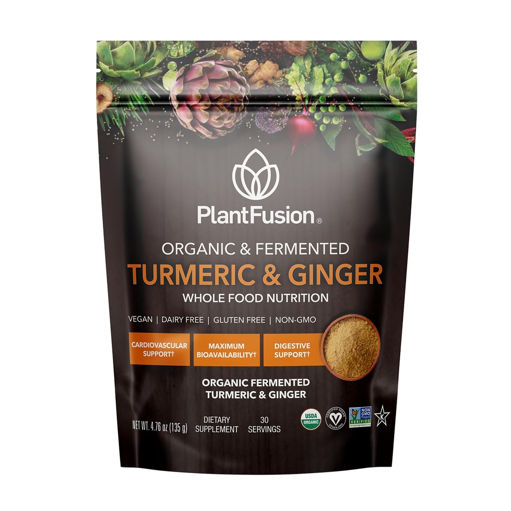 PlantFusion Turmeric and Ginger Drink Mix - Fermented Full Food Nutrition, Herbal Supplement Powder with Curcuminoids - USDA Certified Organic, Non-GMO, Vegan, Gluten-Free, 4.76 oz 30 Μερίδες