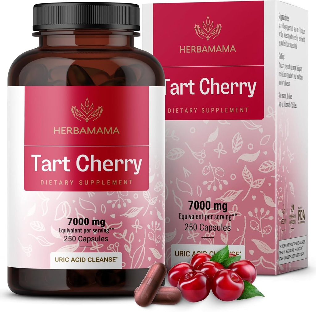 HERBAMAMA Tart Cherry Extract Κάψουλες - εκχύλισμα ταρτ Cherry για την υποστήριξη ουρικού οξέος - Vegan, συμπλήρωμα αντιοξειδωτικών μη ΓΤΟ