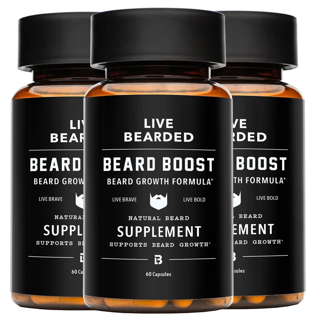 Live Bearded Beard Boost - Γενετικές βιταμίνες ανάπτυξης για τους άνδρες με Biotin, Collagen, Silica, Fo-Ti Root - Ανάπτυξη μαλλιών προσώπου για τους άνδρες, Made in The USA 