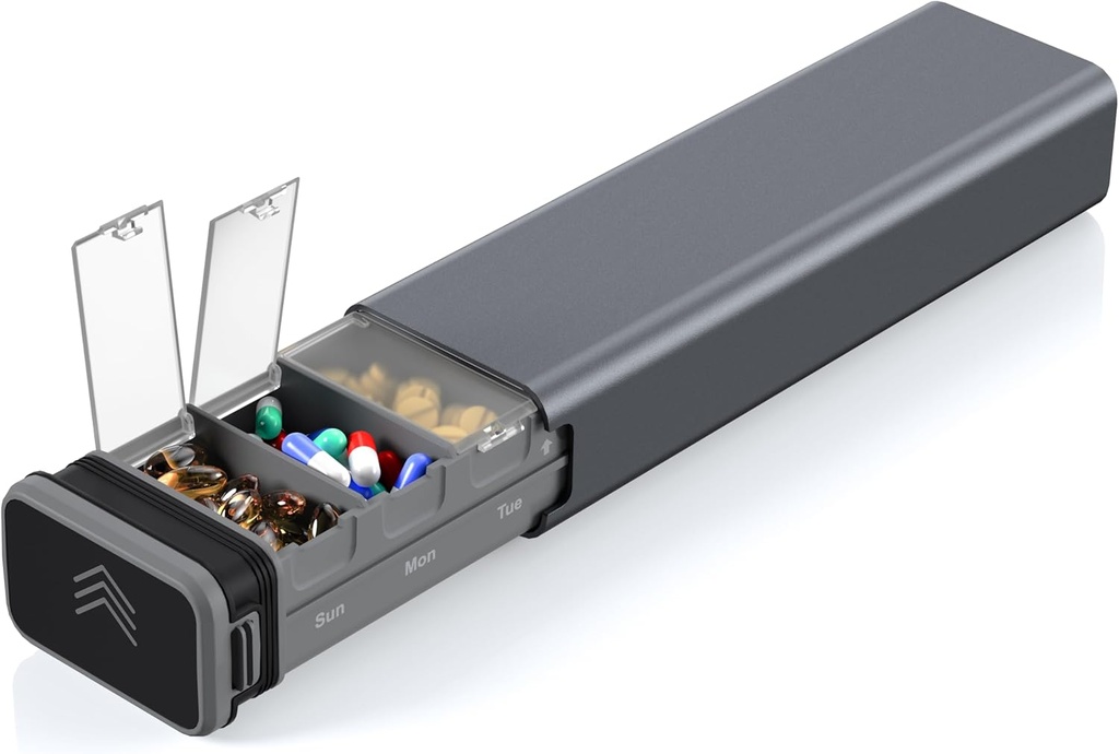 7 Dayly Metal Pill Organizer Travel, Kursoaya Premium Aluminium Daily Pill Box, Χαριτωμένο Φορητή θήκη Χάπια, Μεγάλος κάτοχος Χάπια Χωρητικότητας για Συμπληρώματα, Χάπια, Βιταμίνες, Ιατρική (Ατσάλι Γκρι)