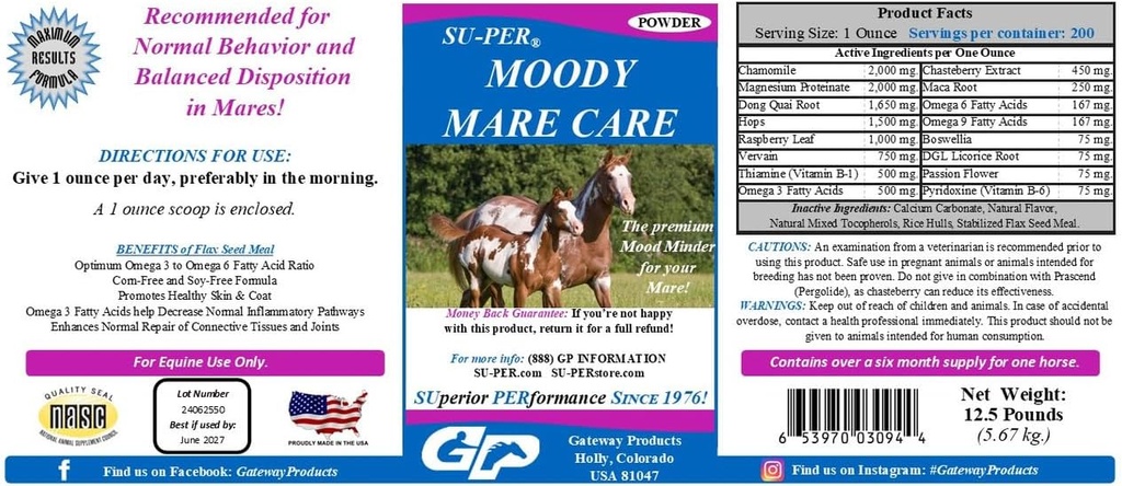 SU-PER Moody Mare Care Powder - Herbal Equine Horse Supplement with Chasteberry & Maca Root - 12.5 lbs