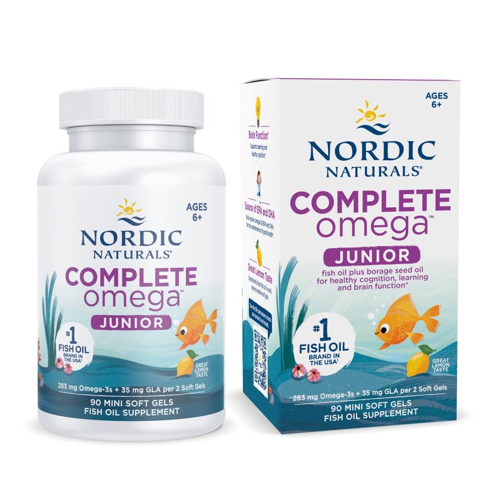 Nordic Naturals Complete Omega Jr., Lemon - 90 Mini Soft Gels - 283 mg Σύνολο Omega-3s & 35 mg GLA - Υγιής Γνωστοποίηση, λειτουργία νευρικού συστήματος - Μη ΓΤΟ - 45 εξυπηρετήσεις
